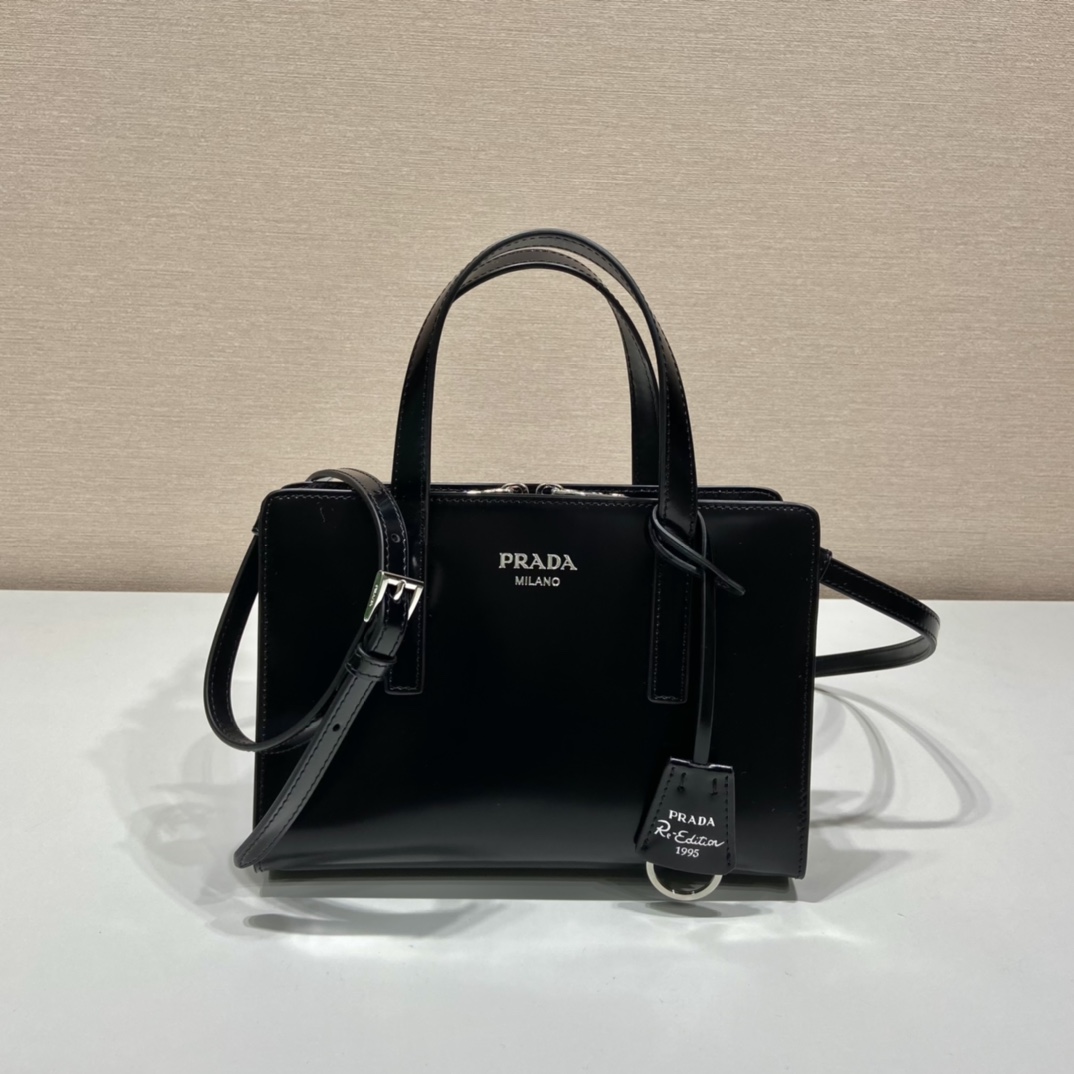 Prada Mini Re Edition 1995 Brushed Leather Handbag Bag Black 1BA357